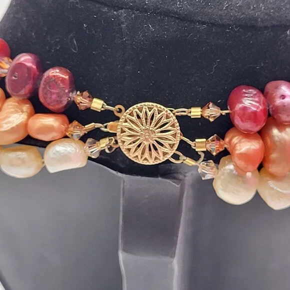 VTG 14/20 Gold Filled Clasp 3 Strand Red Peach Cream Pearl Statement Necklace - Picture 3 of 9